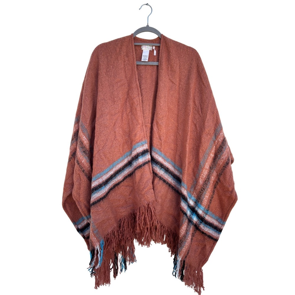 Free People‎ Blanket Poncho Shawl Wrap Copper Blue Stripes Fringe One Size